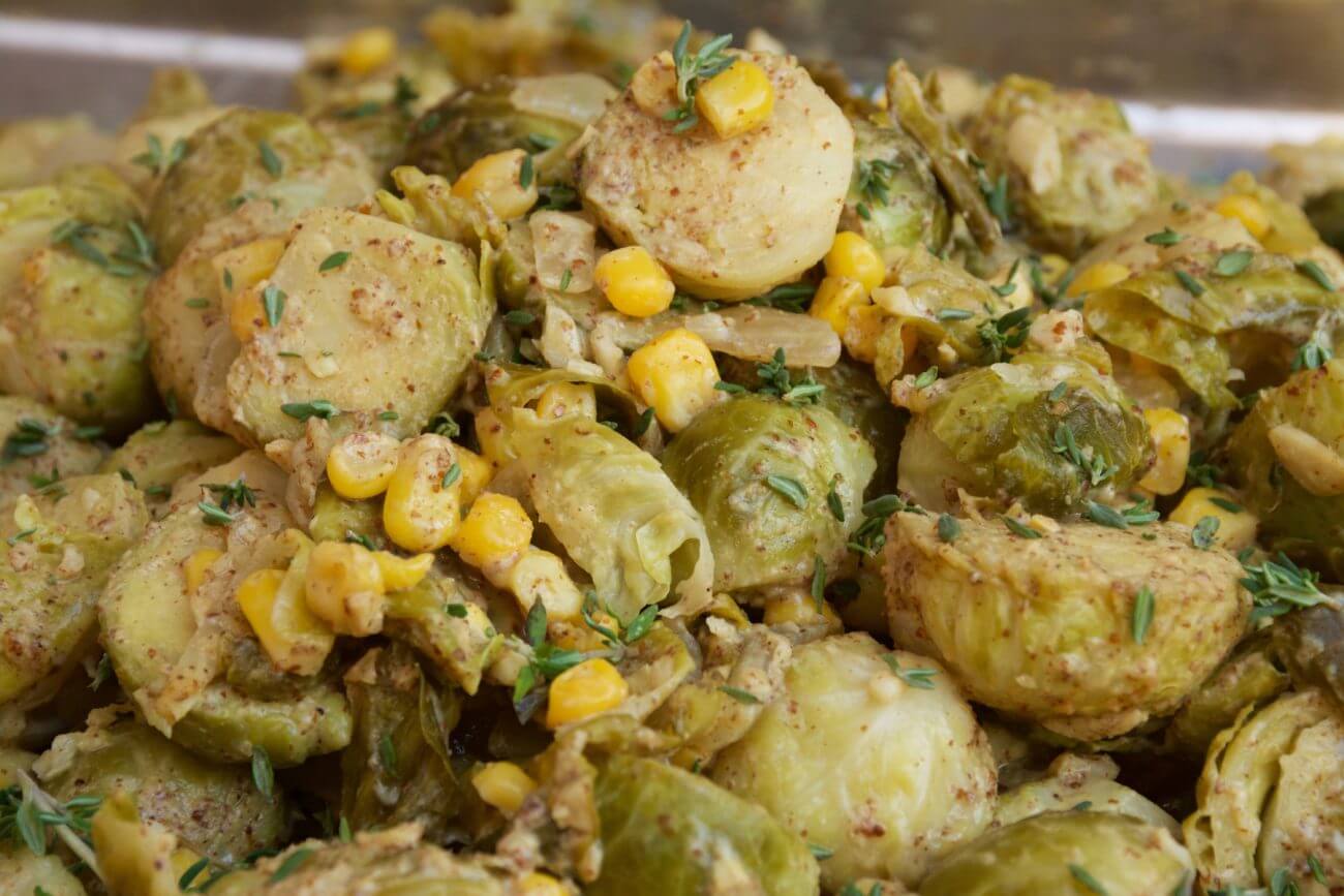 Mustard-Braised Brussels Sprouts and Corn - Bravo PB