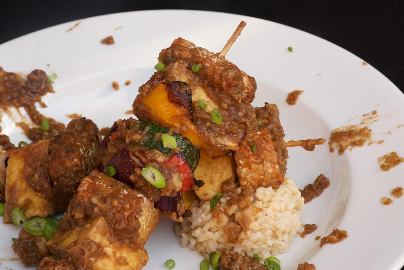 Tofu and Tempeh Skewers with Roasted Garlic and Tamarind Glaze - Bravo PB